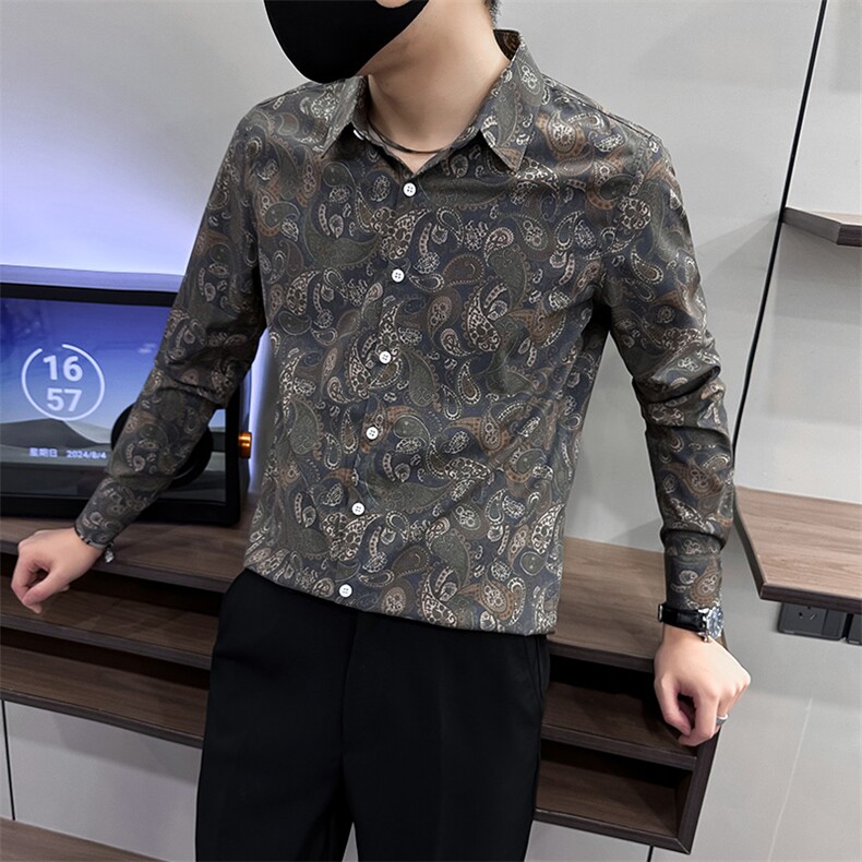 复古腰果花男士衬衣2024春秋季新款卡其色 A368-CS9919-P68图片