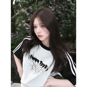 抖音得物品质二开240克宽松纯棉美式潮牌插肩三杠织带短袖T恤图片
