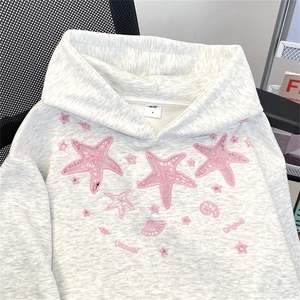 韩系慵懒风海星印花套头连帽卫衣女秋季新款巨好看宽松休闲帽衫图片