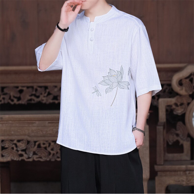 夏季风短袖亚麻荷花刺绣五分袖男透气半袖盘扣大码T恤T512P55,男装T恤,电商A021A