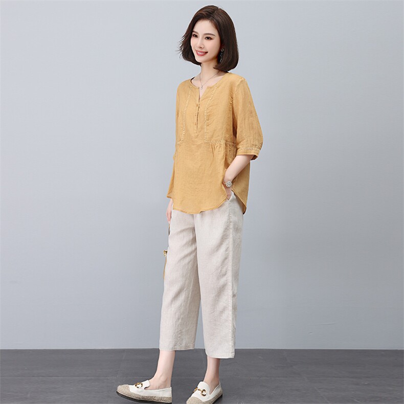2023夏季棉麻刺绣时尚简约大方气质优雅纯色休闲透气两件套,女装套装/套裙,独衣靓