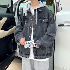 假两件牛仔外套男春秋新款宽松痞帅韩版夹克休闲帅气潮牌连帽上衣图片