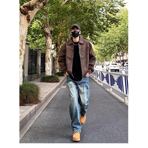 拼接牛仔裤男宽松直筒水洗重磅阔腿牛仔裤1001-1-XK897-P52图片