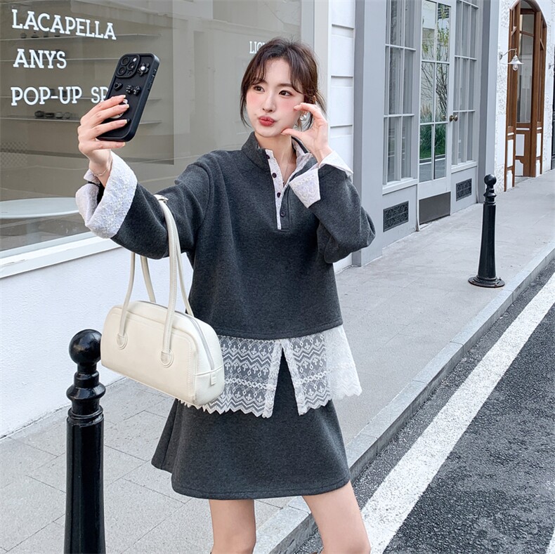 【现货】蕾丝拼接假两件上衣+短半裙套装2D148-2613-P175K260,女装套装/套裙,2D148