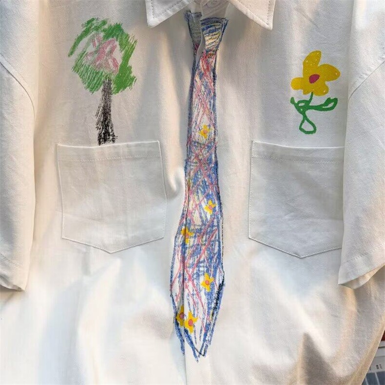 蜡笔手绘领带衬衫男款春季日系学院风长袖涂鸦衬衣外套休闲感上衣,男装工装外套,星座1013