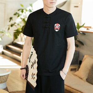 2021夏季中式男复古刺绣短袖T恤宽松盘扣半袖上衣QT6005-T图片