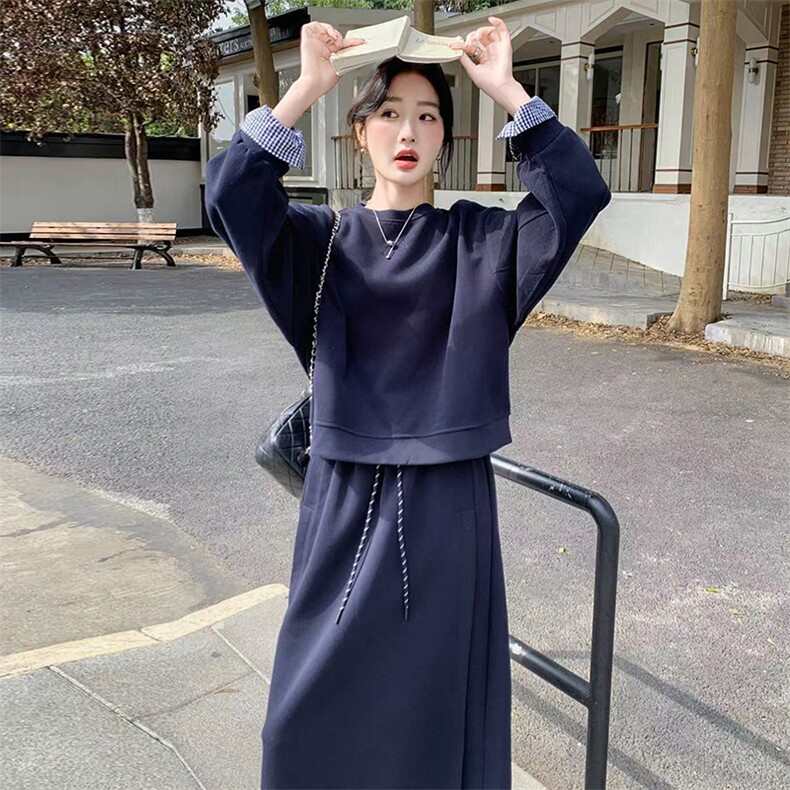 韩系撞色拼接长袖卫衣半身裙两件套女2025春季新款时尚减龄一整套,女装套装/套裙,2C212