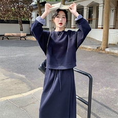 韩系撞色拼接长袖卫衣半身裙两件套女2025春季新款时尚减龄一整套，女装套装/套裙，2C212