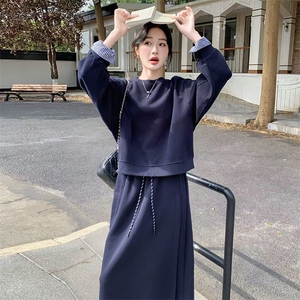 韩系撞色拼接长袖卫衣半身裙两件套女2025春季新款时尚减龄一整套图片