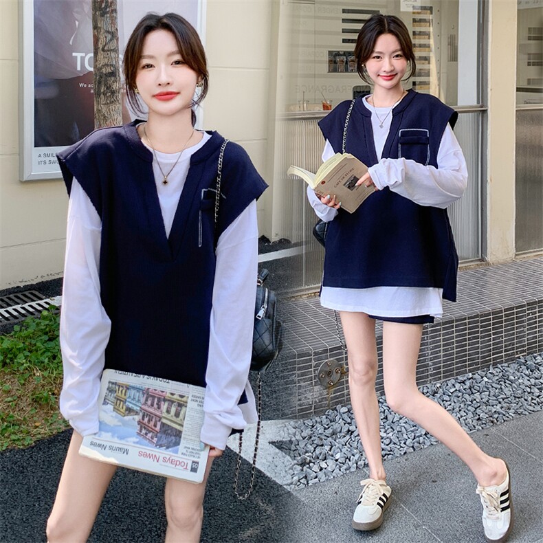 今年流行藏青色休闲套装女早秋2025新款慵懒风百搭马甲短裤三件套,女装套装/套裙,韩蜜菓