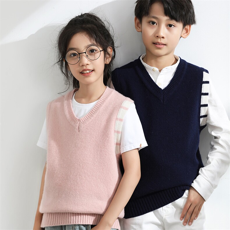 时尚儿童羊毛马甲秋冬新款圆领无袖针织背心男女童百搭简约外套，童装马夹/背心，伟泽羊绒