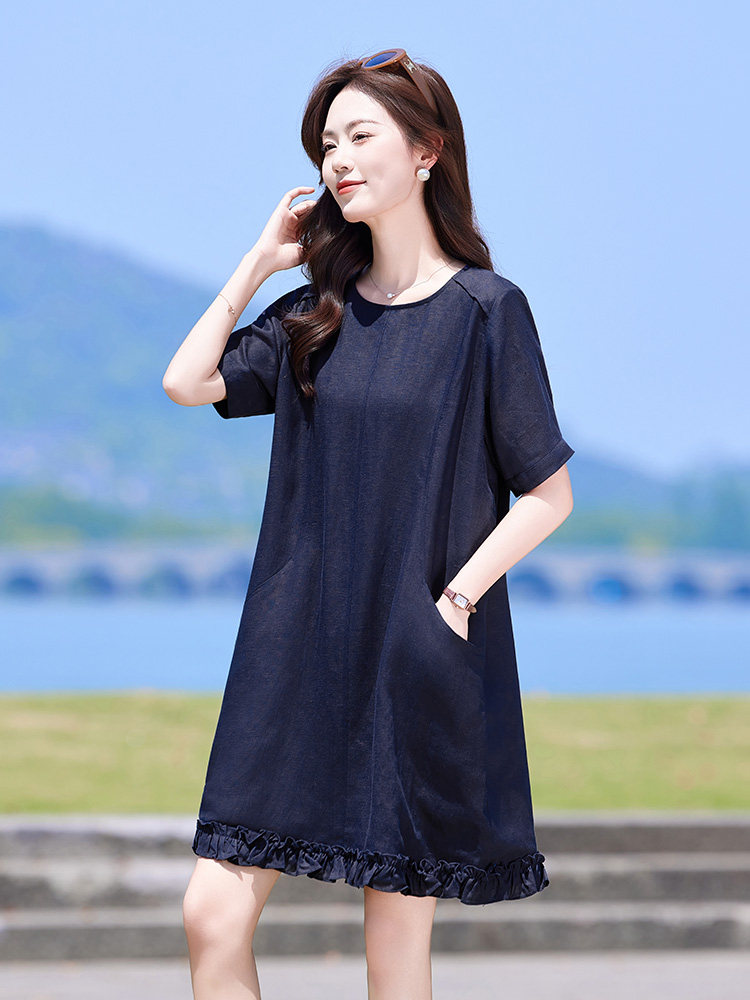 2025夏季新款女装时尚百搭圆领宽松显瘦设计感气质短袖法式连衣裙,女装连衣裙,靓衣阁