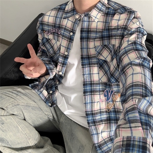 格子衬衫男长袖韩版潮流字母刺绣帅2025秋季新款ins外套CY316-P37图片