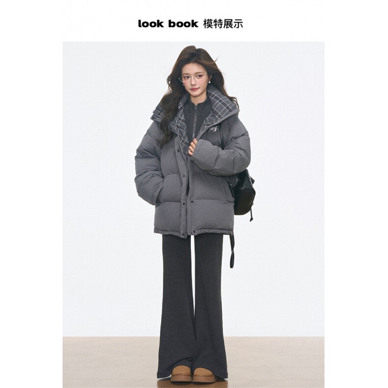 1506A/G79370/P94韩系百搭通勤格纹拼接灰色保暖连帽棉服,男装棉衣,星座1506A