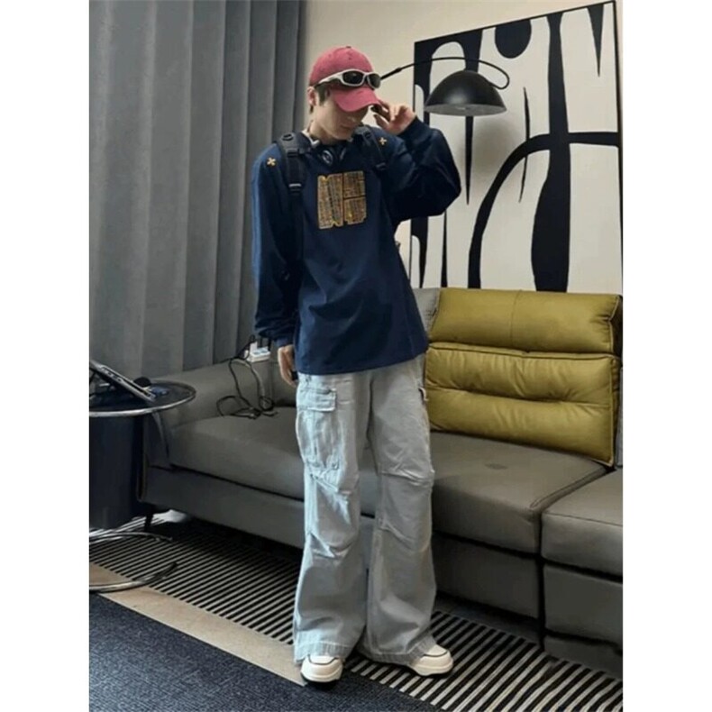 藏蓝色刺绣圆领卫衣男款春秋潮牌高级感游牧cleanfit美式长袖T恤,男装T恤,星座506A