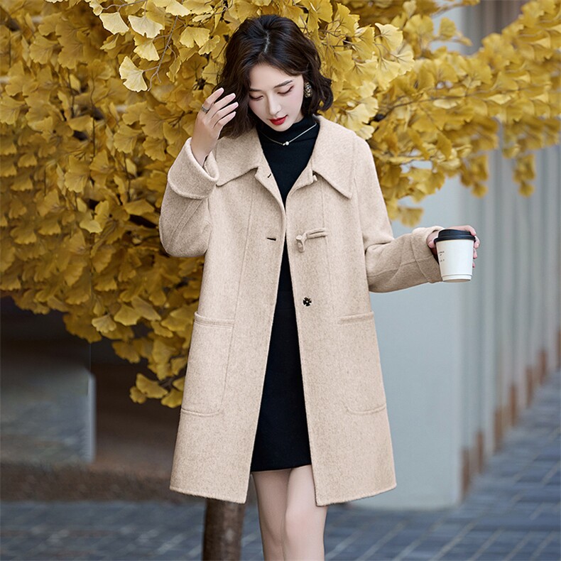 双面羊毛大衣女中长款2025冬季新款小个子高级感时尚连帽毛呢外套,女装双面呢大衣,琦鑫阁（原依鑫阁）