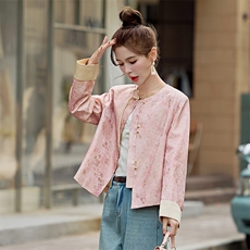 粉色提花新中式国风外套女2025新款改良流苏盘扣开春超火唐装上衣，女装套装/套裙，E百度