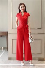 2023年夏季连体裤时尚V领短袖纯色简约气质百搭收腰，女装休闲裤，贵人树