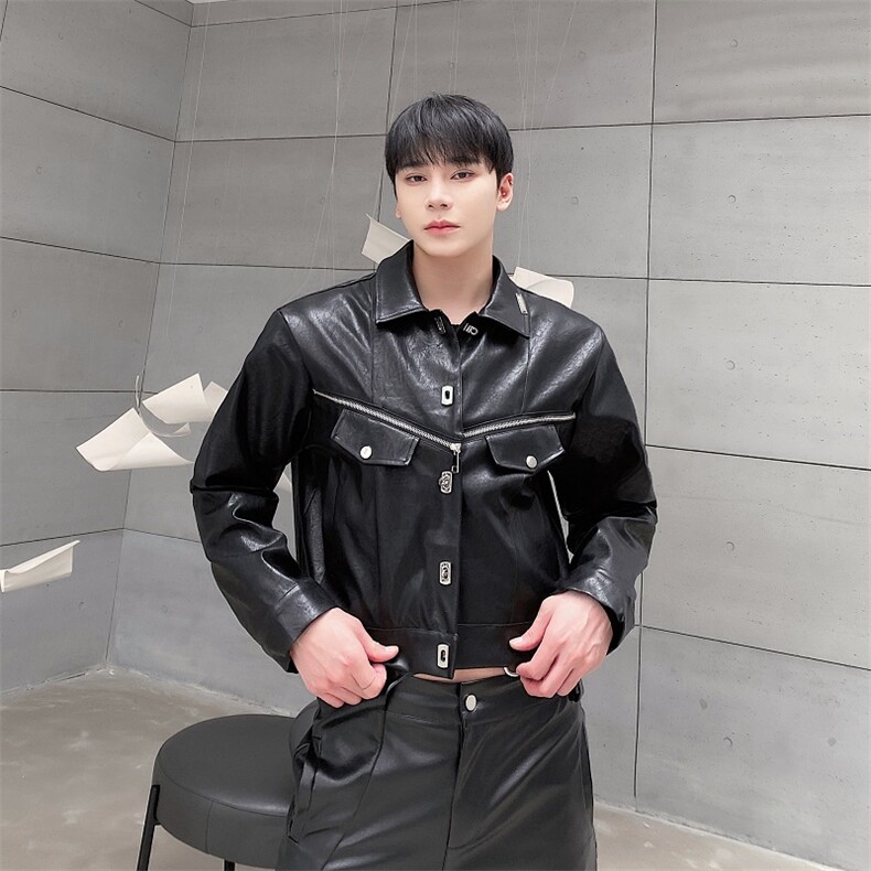 2022黑色短款PU皮衣夹克外套男质感秋季新款潮流A345-228-P150,男装夹克,电商A345