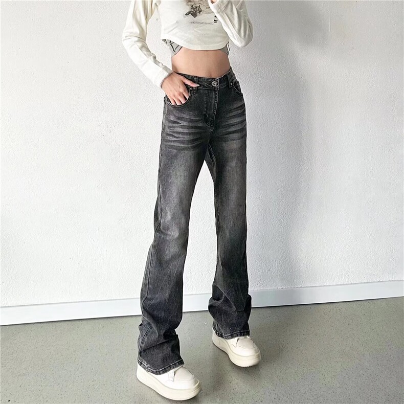 复古小众设计感黑色牛仔裤潮牌宽松休闲微喇裤子男女生牛仔裤潮搭图片