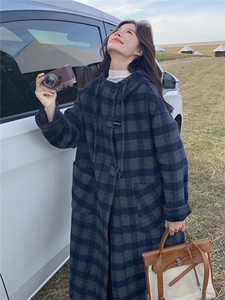 深蓝色复古格纹双面呢连帽大衣女2025秋学院风宽松休闲中长款外套图片
