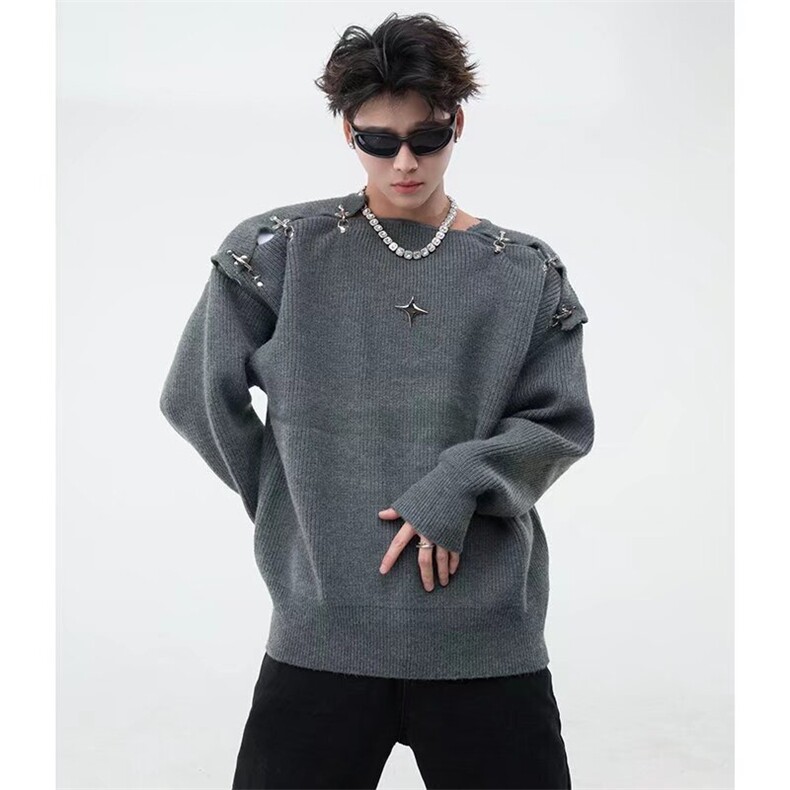 金属卡扣毛衣男女设计感针织长袖潮流圆领毛针织外套MC655-P63,男装针织衫/毛衣,星座1008-1