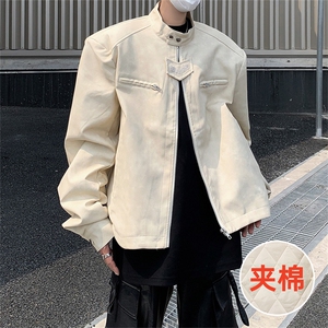 美式复古做旧棕色机车服皮衣外套男秋冬加棉小众感短款垫肩夹克衫图片