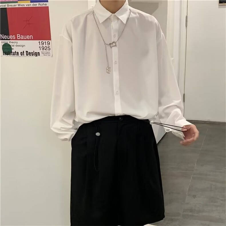 纯色长袖衬衫oversize宽松项链垂感小众衬衣男禁欲系C607P34,男装衬衫,星座1116-2