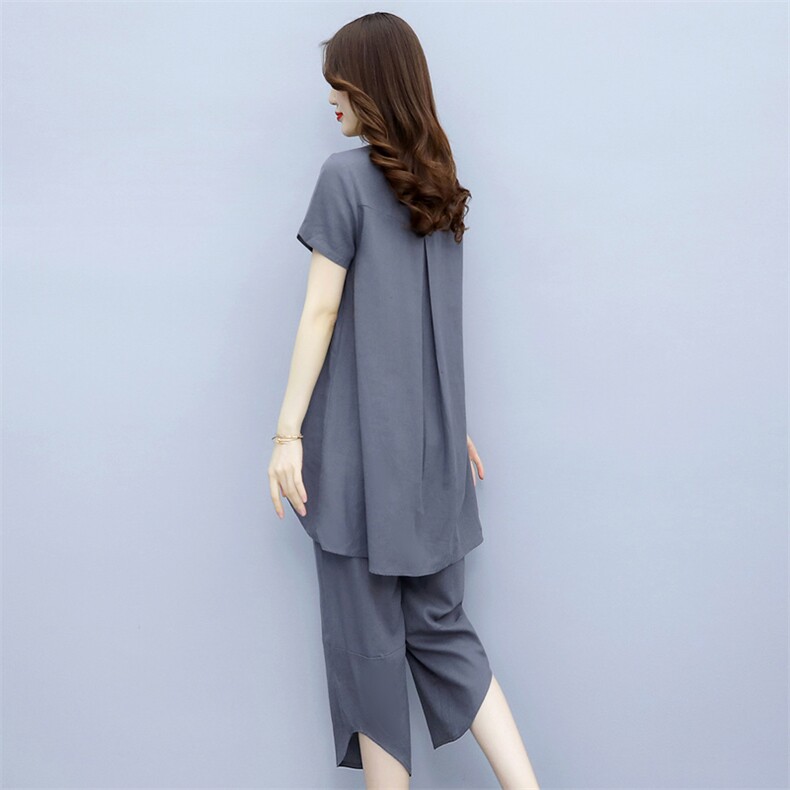 棉麻不规则上衣亚麻高端套装夏装薄款短袖2025新款女七分裤两件套,女装套装/套裙,微微衣阁