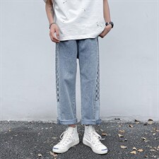 宽松直筒潮牌休闲长裤港风格子牛仔裤秋潮流简约高街裤K1153-P38，男装休闲裤，星座512-4