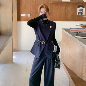 藏青色背心马甲阔腿裤套装女夏2025新款轻熟风巨好看通勤三件套图片