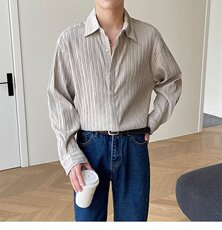韩版宽松褶皱感长袖衬衫男士秋季潮流高级感痞帅休闲免烫衬衣C25，男装衬衫，星座1116A-2（原606A-1）