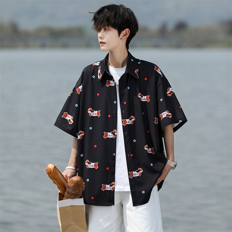 8XL-M腊肠狗花衬衫男短袖夏季冰丝薄款花衬衣寸衫外套DC28003P38,男装T恤,电商B312