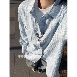 2026春季慵懒风格子衬衫外套休闲泡泡纱上衣男C61317-TP3568,男生休闲西装服装搭配图片