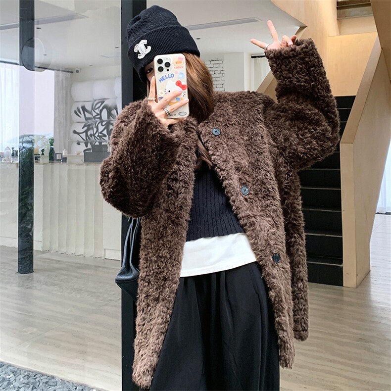 皮毛一体棕色美拉德羊羔毛中长款女冬加厚外套宽松高级感时髦大衣,女装羊羔毛/颗粒绒,浙宝305