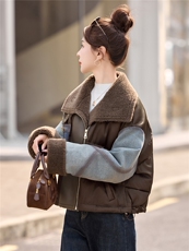 牛仔拼接短款羽绒服女2025冬季新款翻领加厚保暖羽绒外套，女装羽绒服，美沁