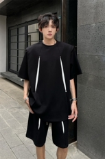 现货垫肩圆领设计高级感T恤+五分裤套装A071-T75-P68，男装牛仔裤，电商A071