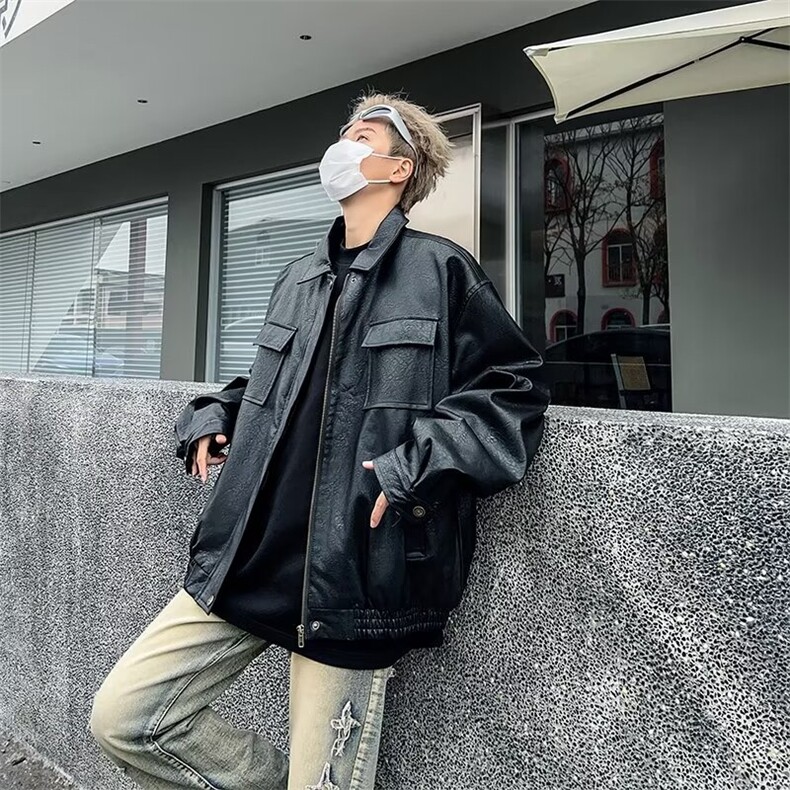 痞帅Pu皮衣潮牌双拉链垫肩皮夹克男机车服秋冬高街外套W637/70,男装夹克,星座506