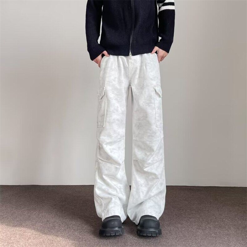美式多口袋伞兵工装裤男褶皱痞帅扎染直筒休闲阔腿长裤子h686P50,男装休闲裤,星座1013-1