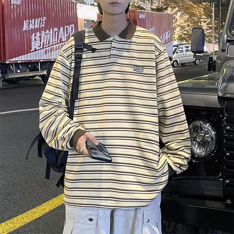 polo衫男条纹韩版潮流2023秋冬季新款ins宽松百搭帅衬衫W3281-P33,男装Polo衫,星座412-2