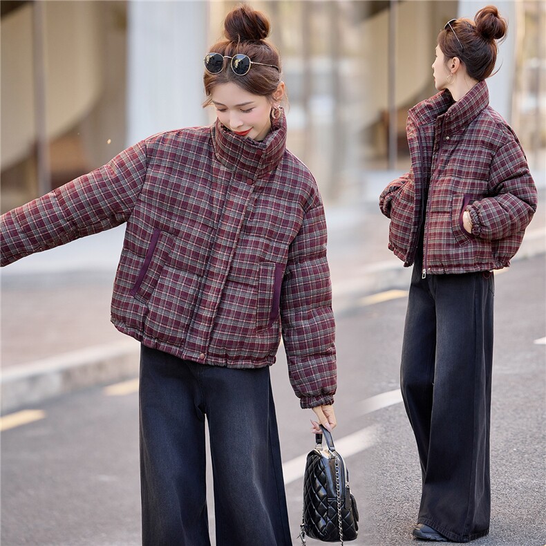 2025冬新款格纹立领短款白鸭绒羽绒服女,女装羽绒服,余墨