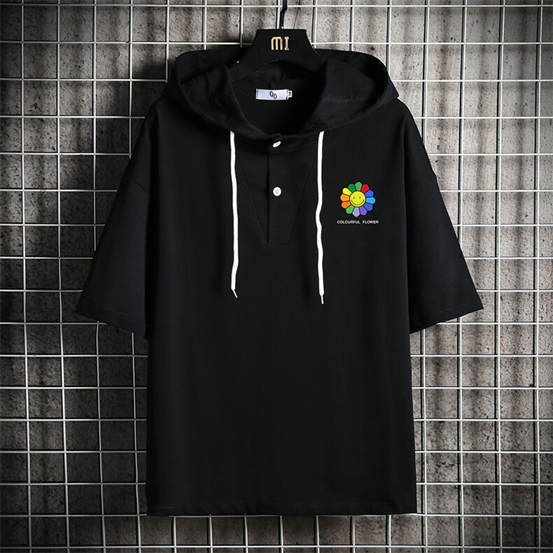 LD54101-P45 连帽短袖t恤男大码胖子带帽五分袖中袖 网格挂拍图片