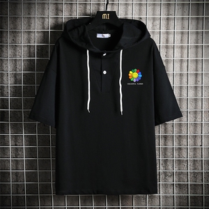 LD54101-P45 连帽短袖t恤男大码胖子带帽五分袖中袖 网格挂拍图片