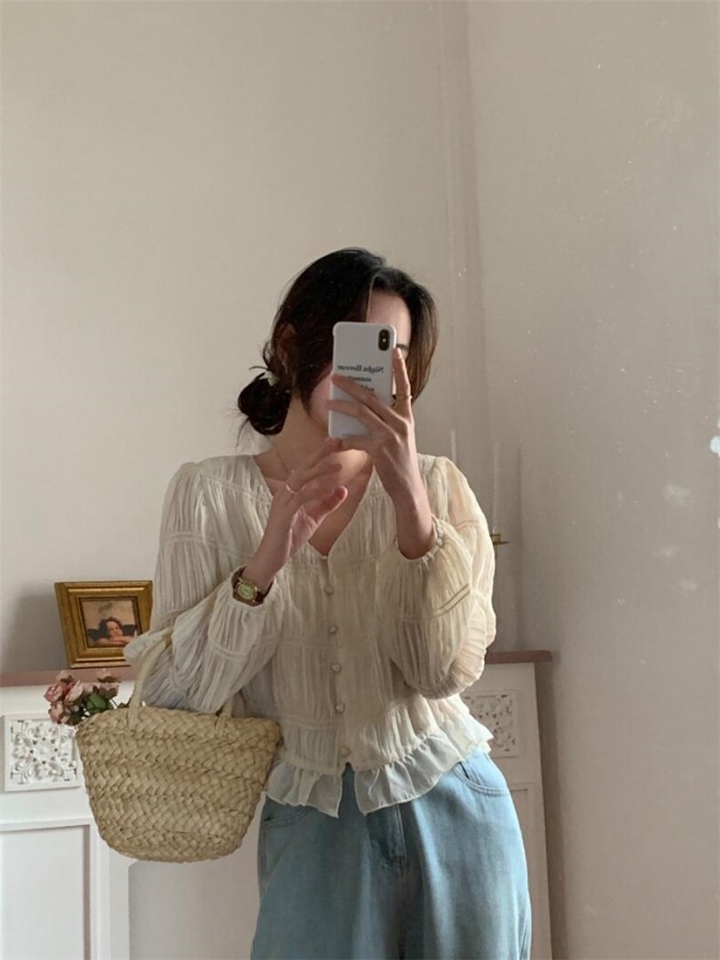 褶皱法式木耳边V领小衫，其它，DAP