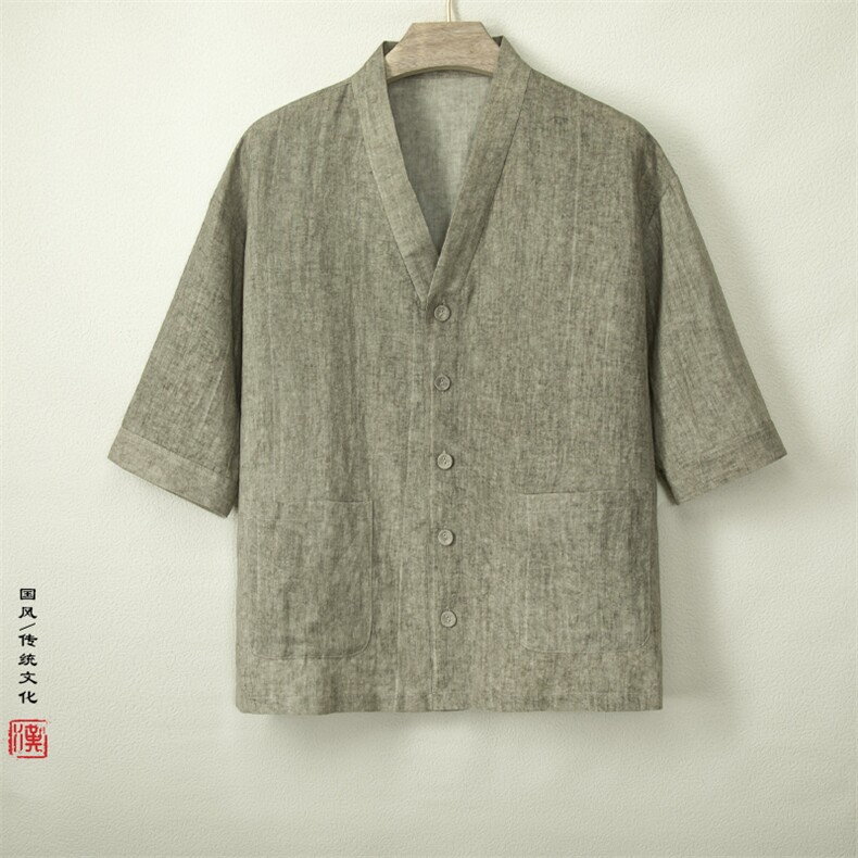 夏装新款风棉麻男士短袖汉服领短袖衬衫外套C005P85图片