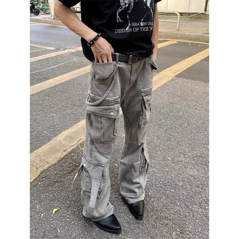 W8196-P83 网络图 大码美式复古多口袋工装裤新款街头拖地牛仔裤图片