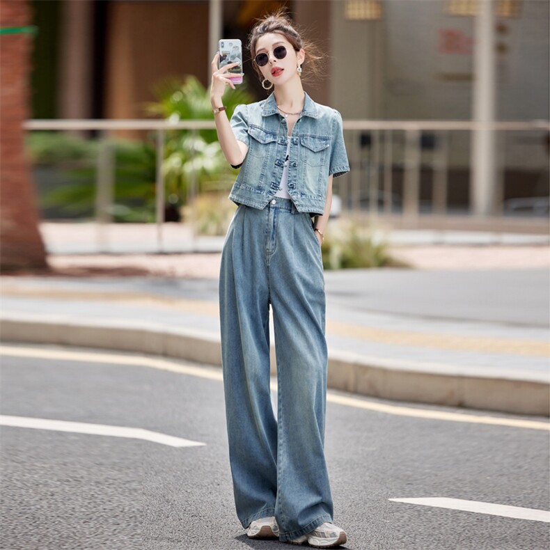 夏季新款时尚牛仔套装女2025年新中式直筒阔腿裤两件套遮肉显瘦潮,女装套装/套裙,瑶迪