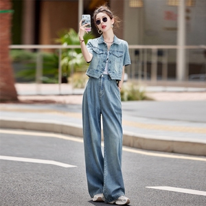 夏季新款时尚牛仔套装女2025年新中式直筒阔腿裤两件套遮肉显瘦潮图片