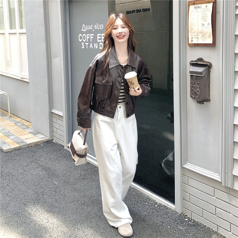 美拉德咖色机车皮衣外套女2025秋季新款韩版小个子甜酷风pu皮夹克,女装短外套,2C012