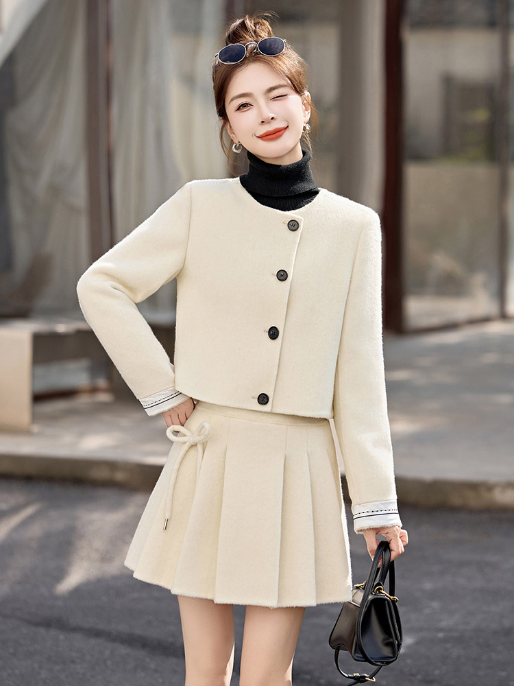 小香风套装女2024冬新款小个子穿搭一整套洋气双面羊绒短裙两件套,女装套装/套裙,半夏